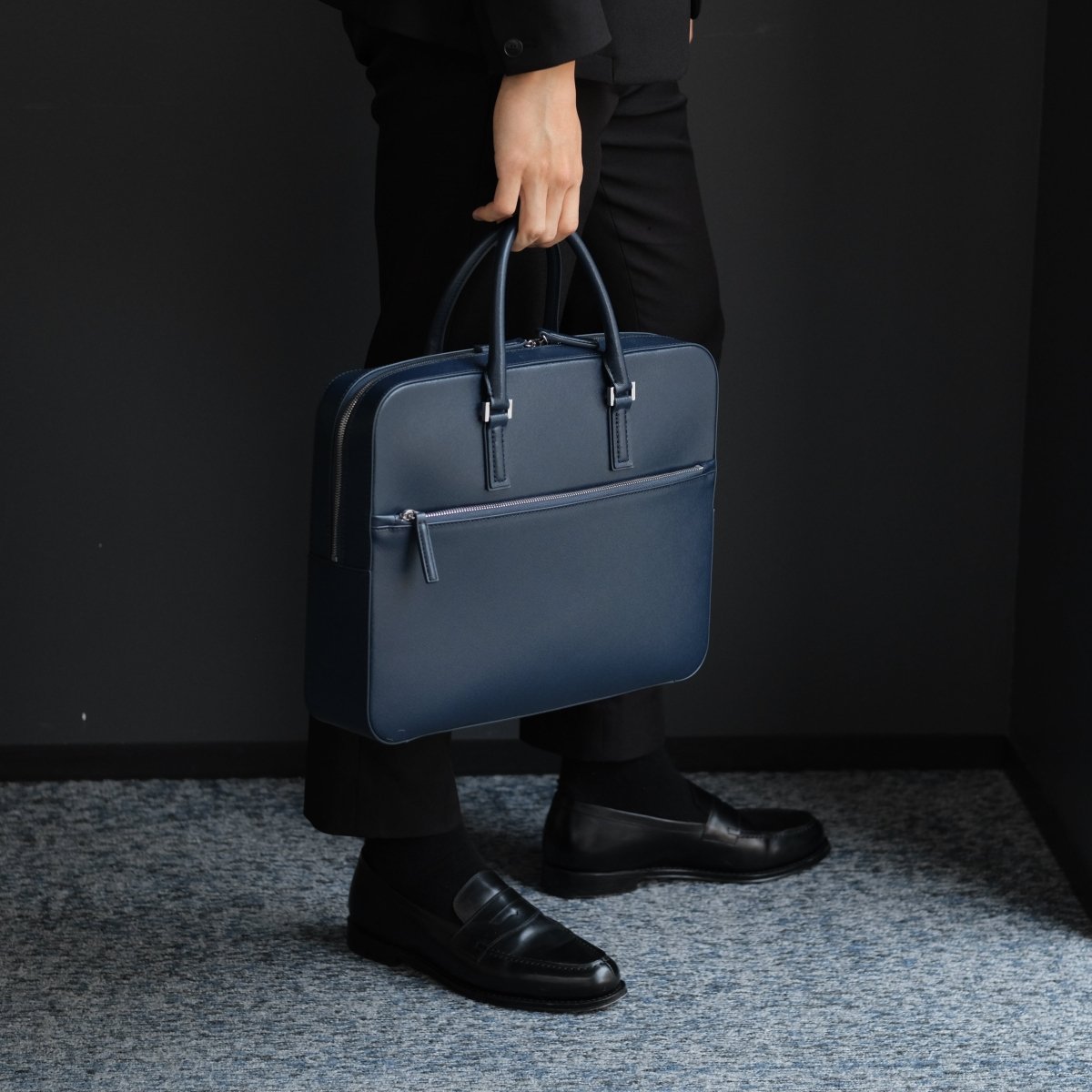Italian Saffiano Leather Briefcase - Navy (Front - zip) - aucentic