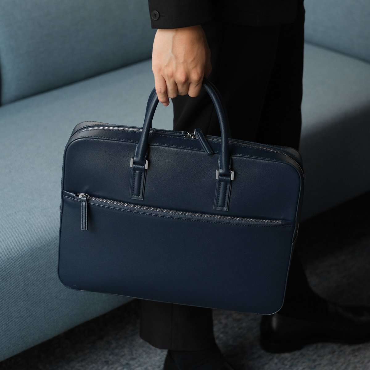 Italian Saffiano Leather Briefcase - Navy (Front - zip) - aucentic