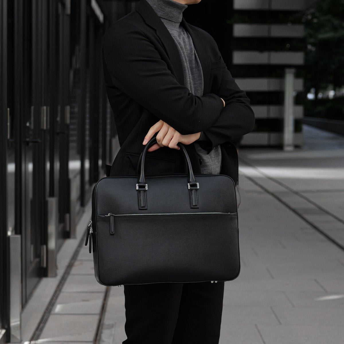 Italian Saffiano Leather Briefcase(Front - zip) - aucentic