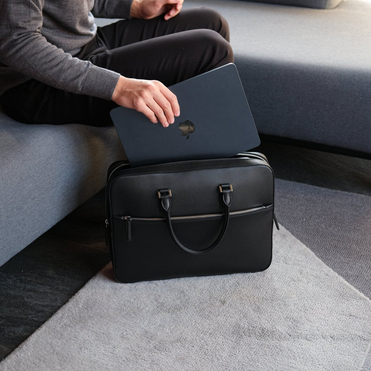 Italian Saffiano Leather Briefcase(Front - zip) - aucentic