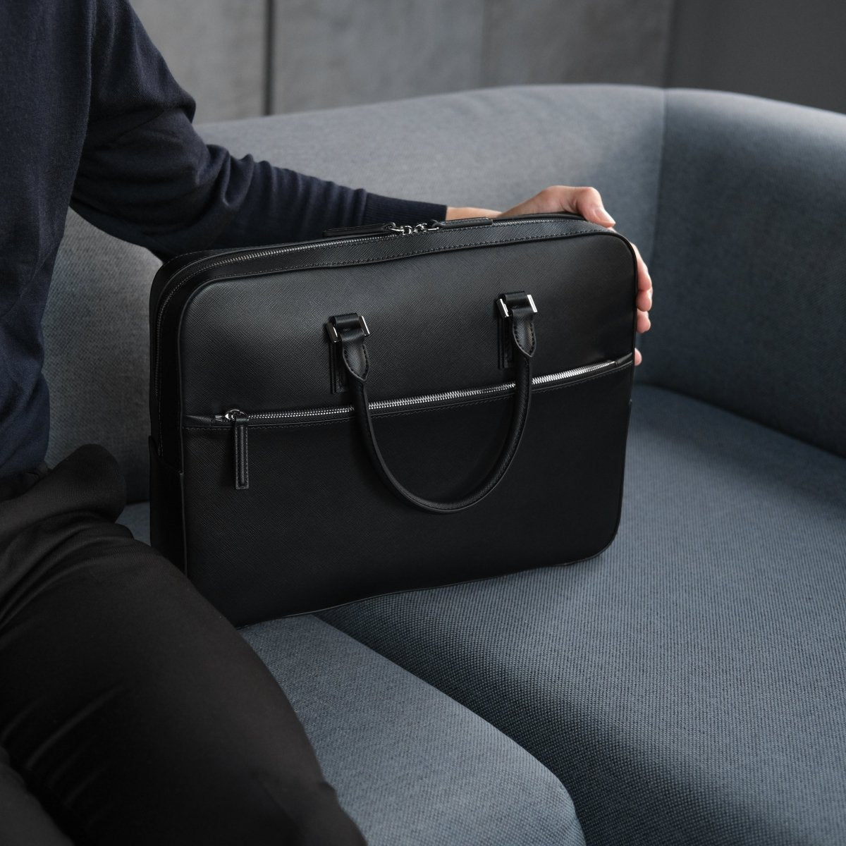 Italian Saffiano Leather Briefcase(Front - zip) - aucentic