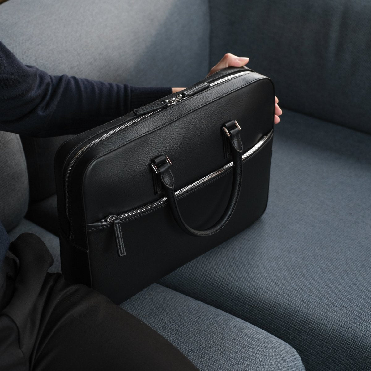 Italian Saffiano Leather Briefcase(Front - zip) - aucentic