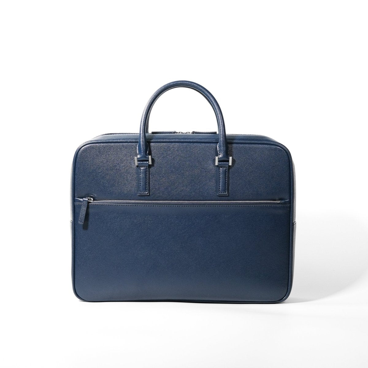 Italian Saffiano Leather Briefcase- Navy (Front-zip) - aucentic