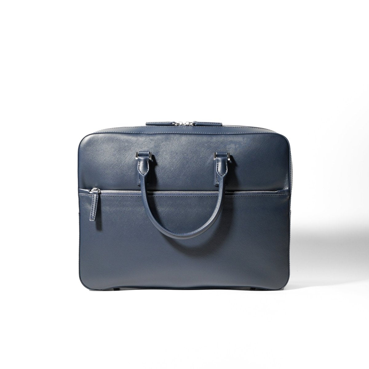 Italian Saffiano Leather Briefcase - Navy (Front - zip) - aucentic