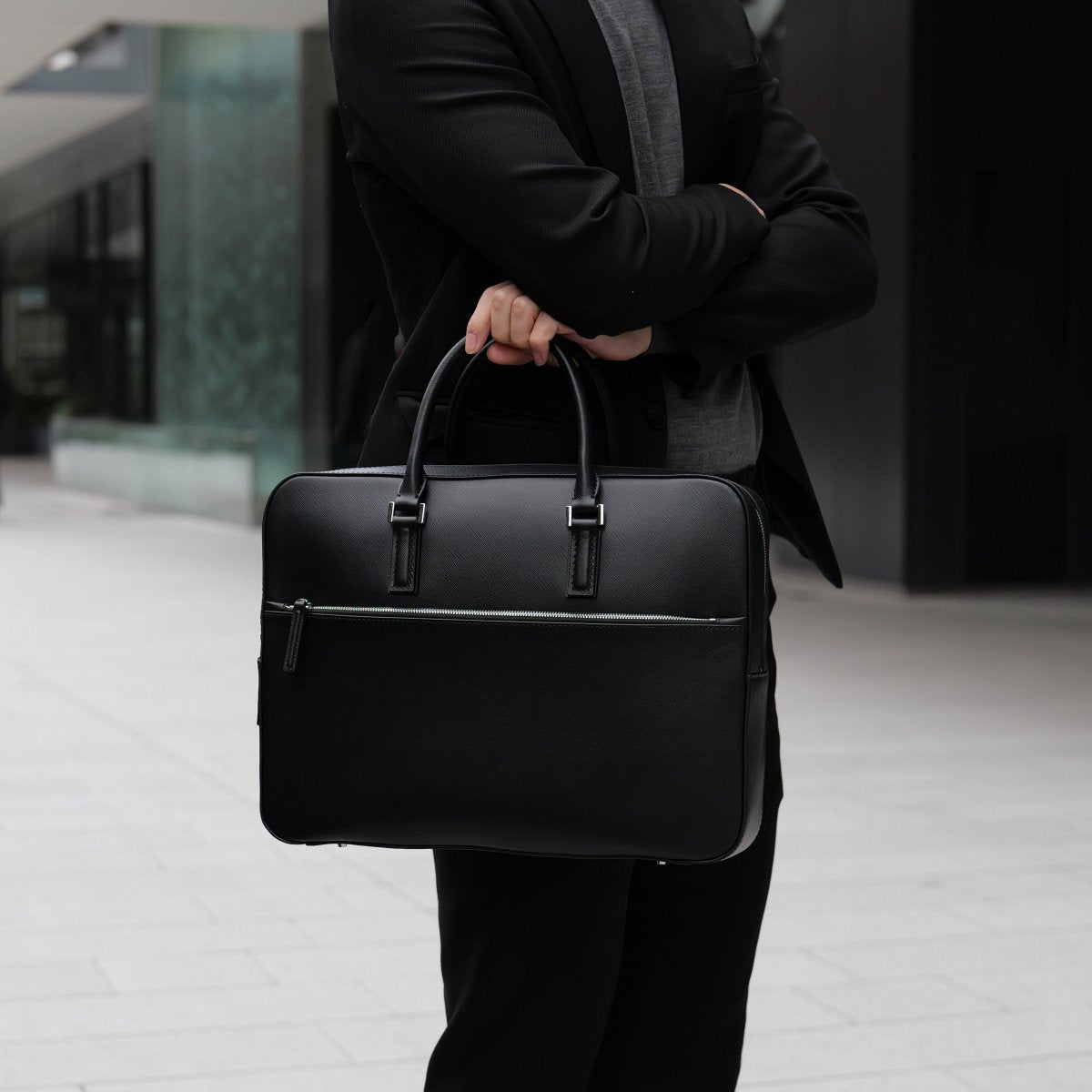 Italian Saffiano Leather Briefcase(Front - zip) - aucentic